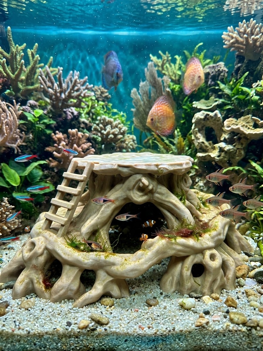 3D Printed Tree Stump Aquarium Hideaway | Ladder & Custom Color Decor | 4m3d Design Art