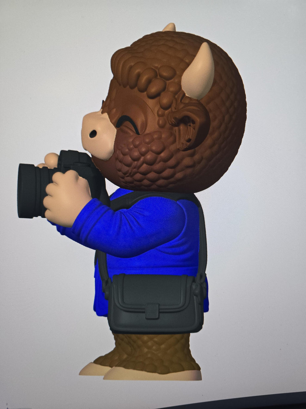 3D Printed Highland cow Photographer Figurine | Camera, Blue Jacket & Messenger Bag | 4m3d Design Art