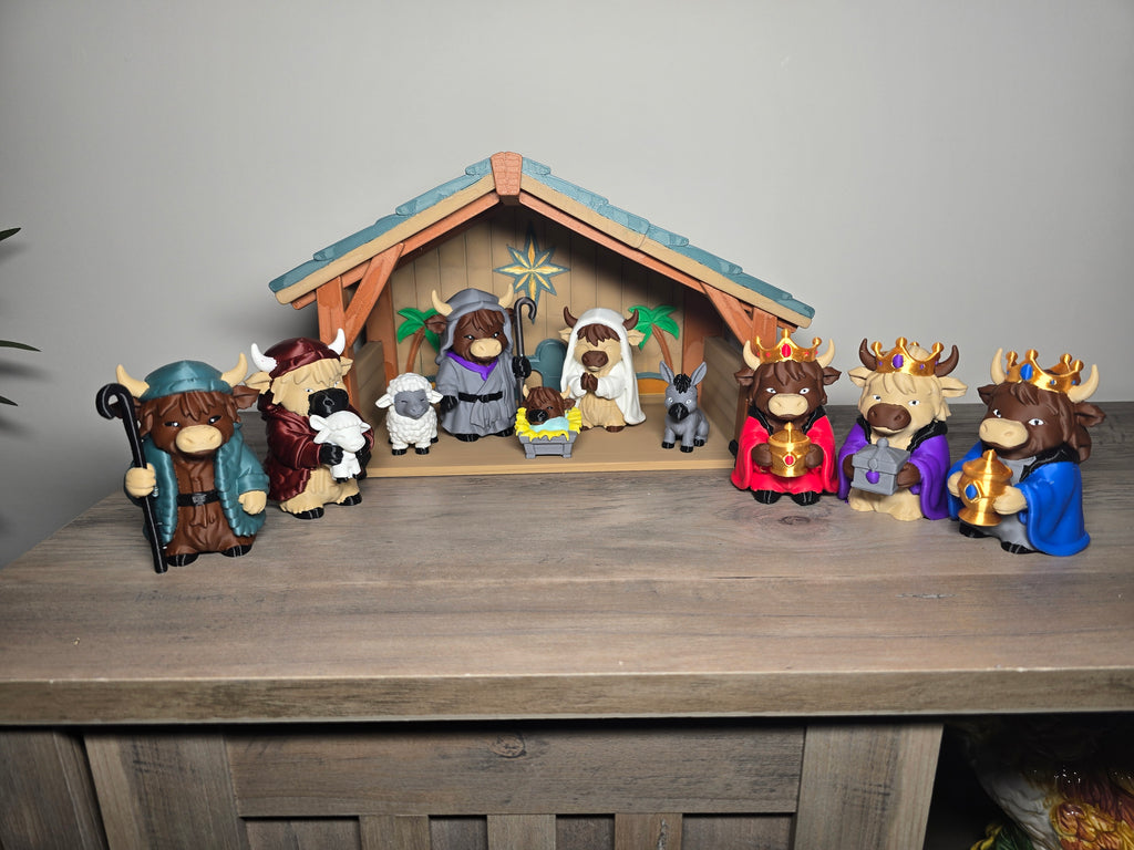 Highland Cow Nativity Scene – 3D Printed Christmas Figurine Set | Holiday Home Decor & Gift