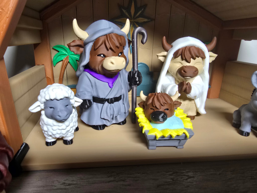 Highland Cow Nativity Scene – 3D Printed Christmas Figurine Set | Holiday Home Decor & Gift