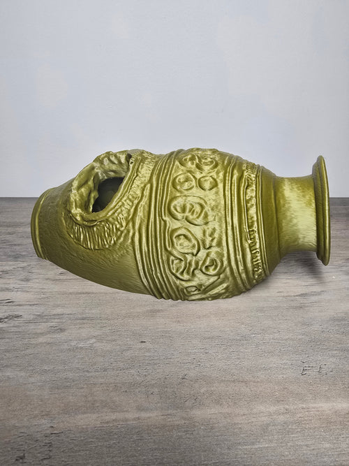 Antique-style aquarium jar with raised ornamental bands and a textured side opening