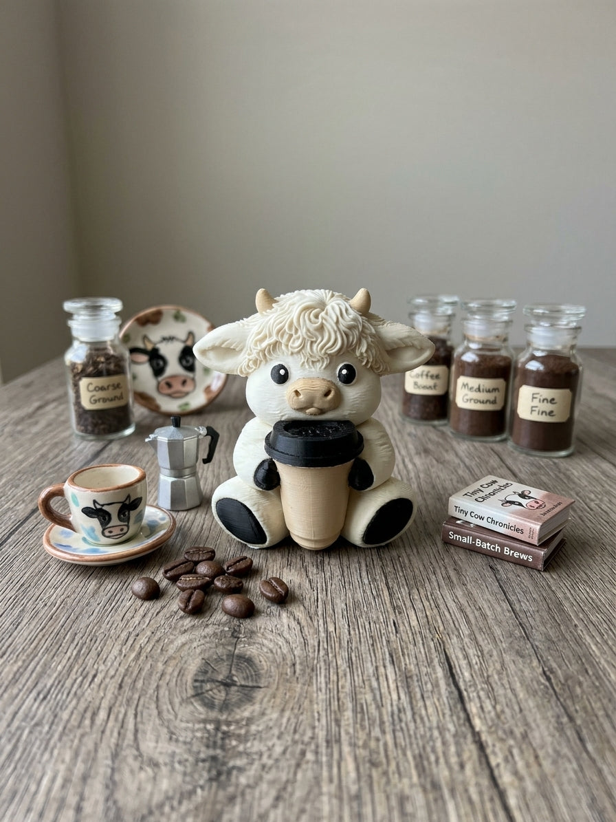 3D Printed Highland Cow with Coffee Figurine | Cute Desk Décor & Gift  | 4m3d Design Art