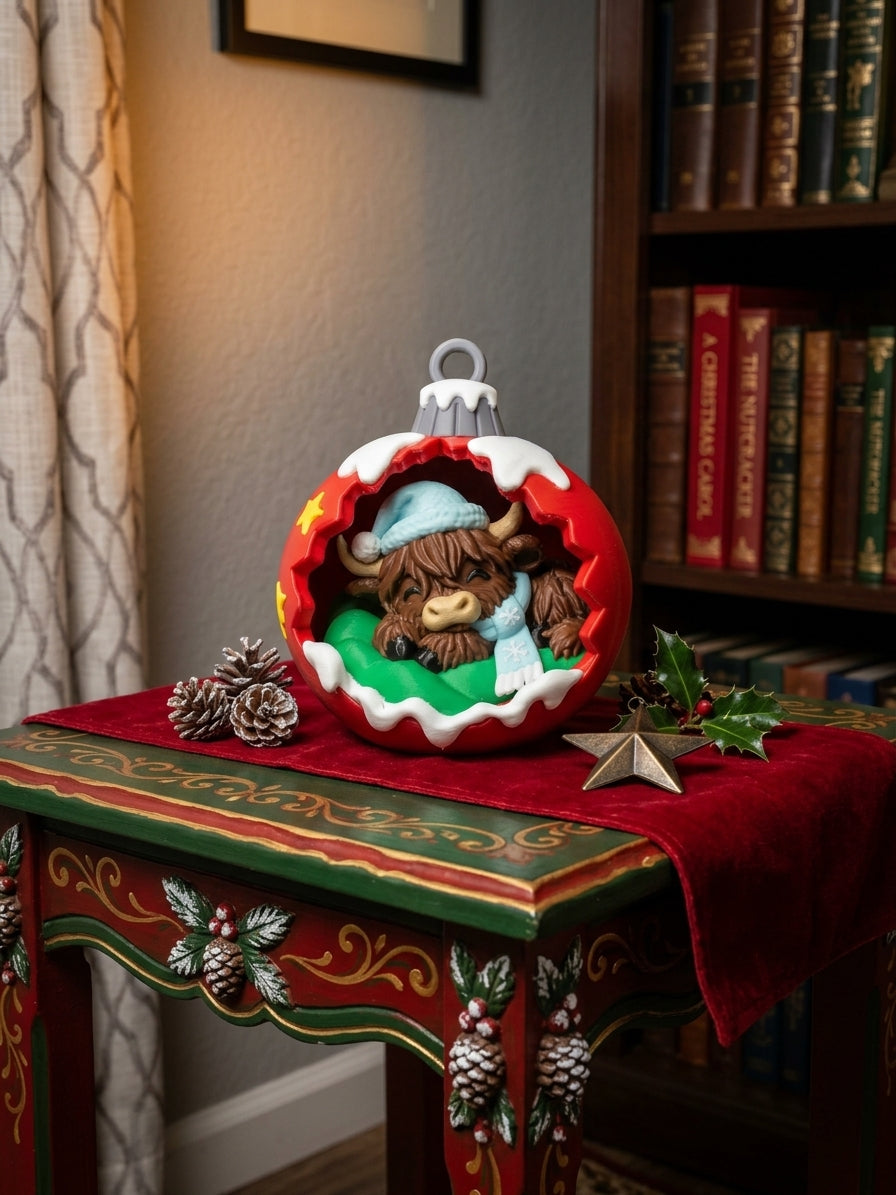 3D Printed Highland Cow Christmas Ornament  | Tabletop Holiday Decor | 4m3d Design Art