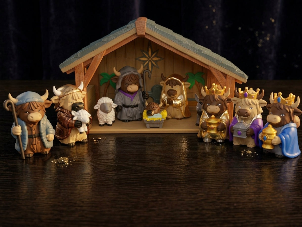 Highland Cow Nativity Scene – 3D Printed Christmas Figurine Set | Holiday Home Decor & Gift