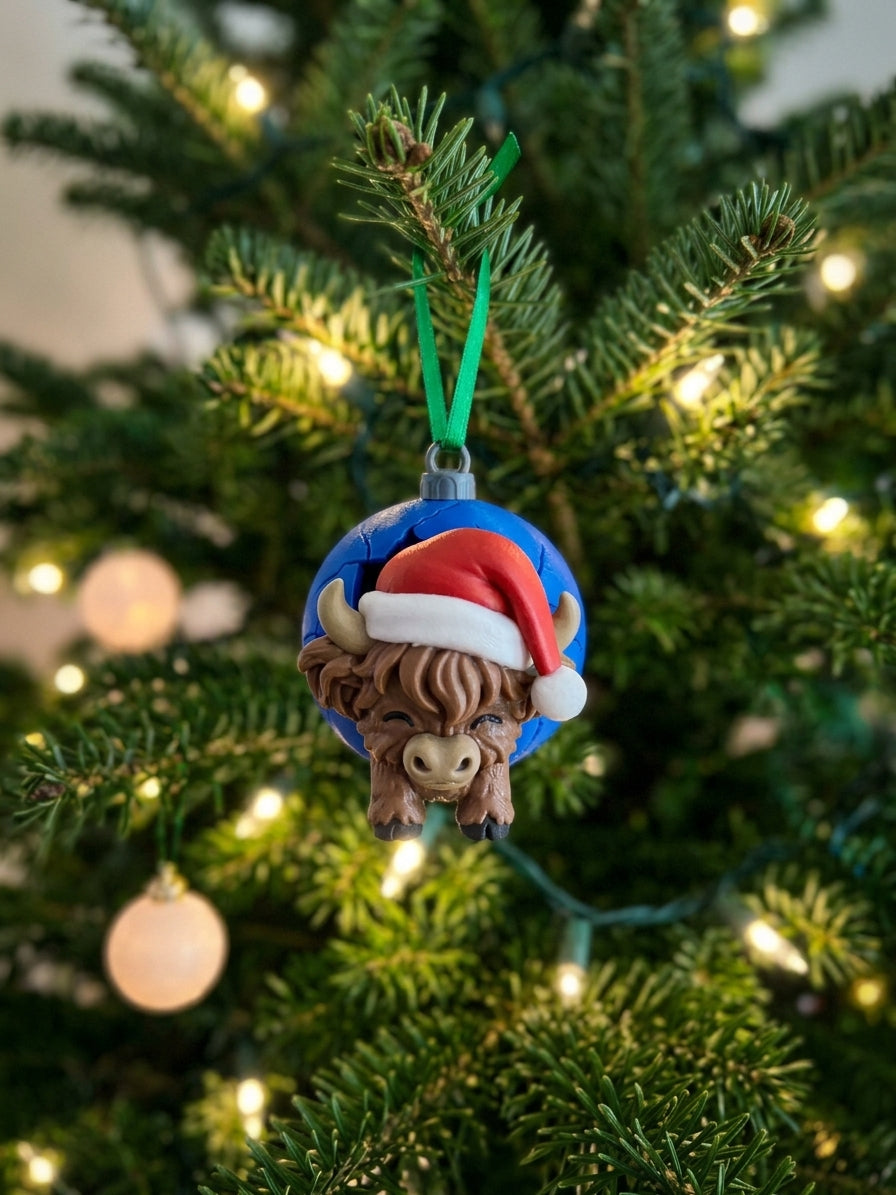 3D Printed Highland Cow Christmas Ornament | Digitally Painted Holiday Decor | 4m3d Design Art