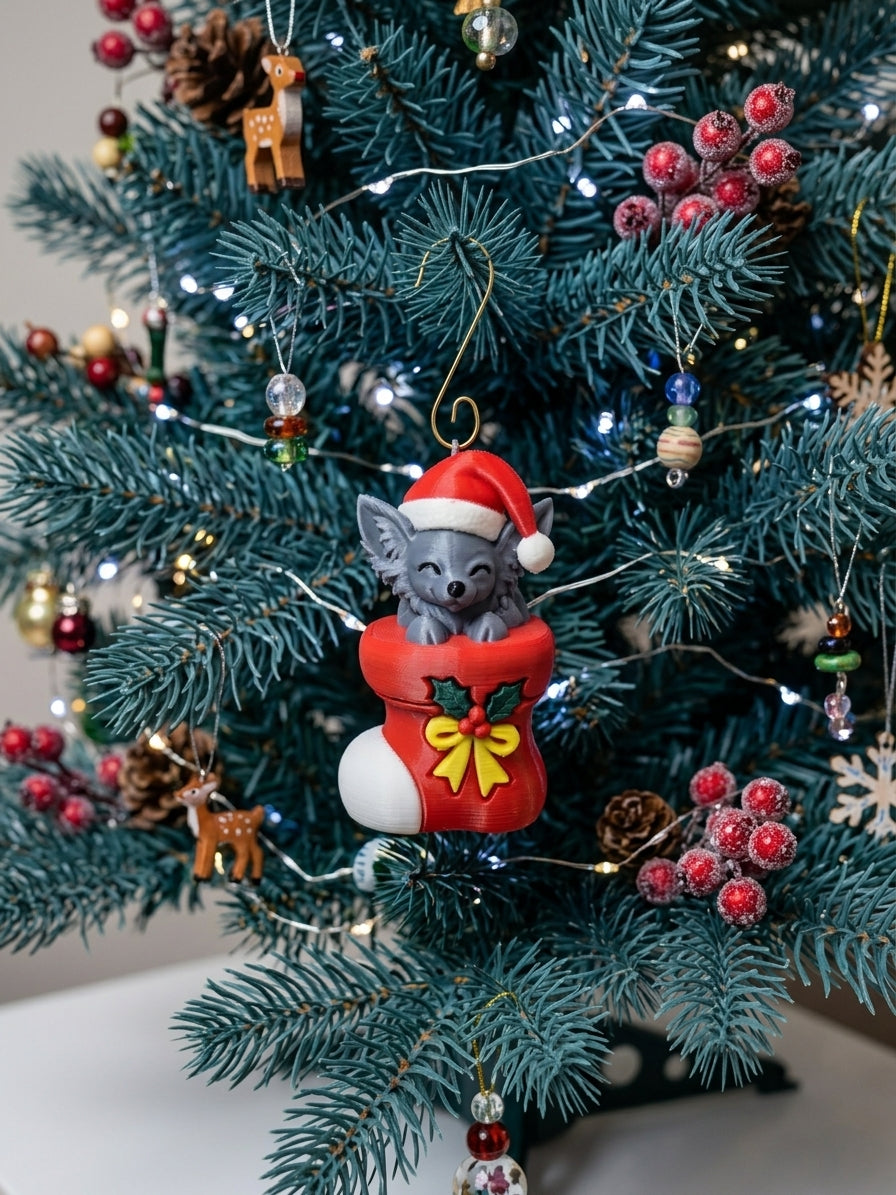 3D Printed Long-Haired Chihuahua Christmas Ornament | Stocking Design | 4m3d Design Art