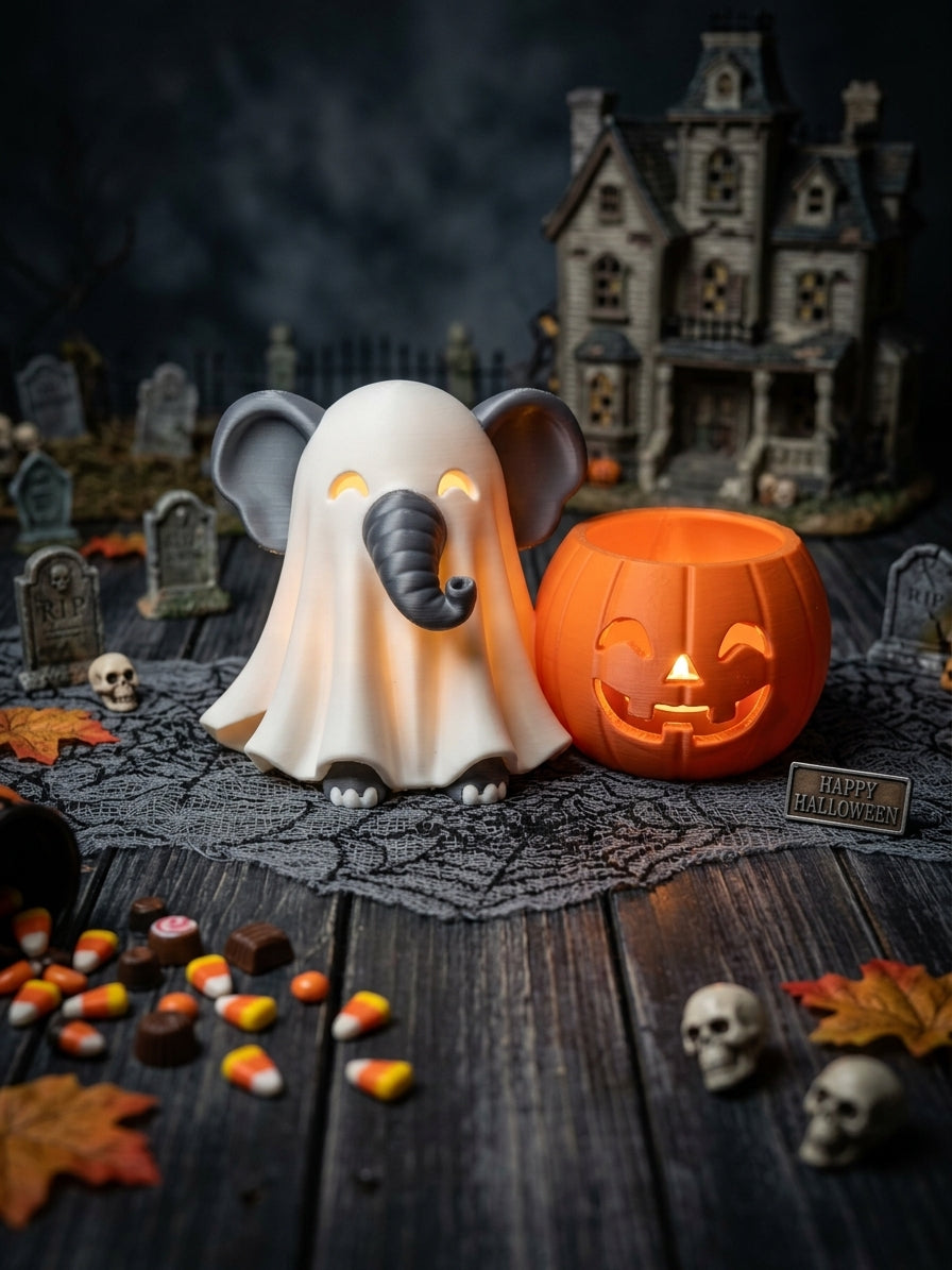 3D Printed Ghost Elephant Pumpkin Tea Light Candle Holder | Halloween Decor | 7x4x4 Inches | 4m3d Design Art