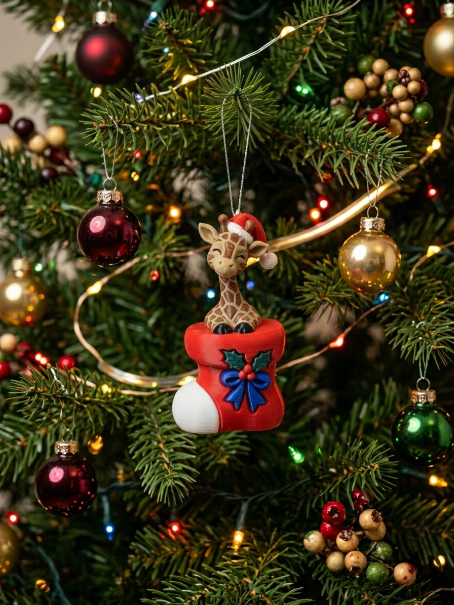 3D Printed Giraffe in Christmas Stocking Ornament | Holiday Tree Decor | 4m3d Design Art