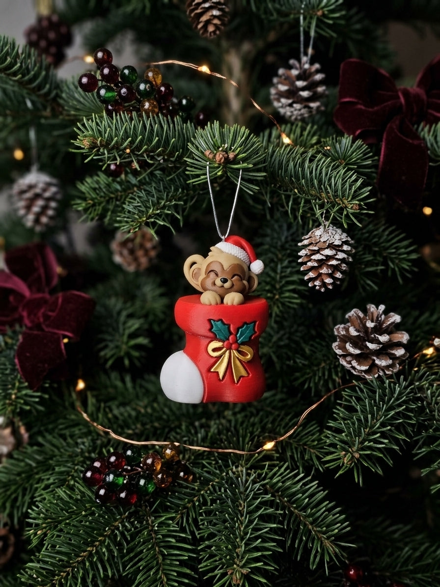 3D Printed Monkey Christmas Ornament | Monkey in a Stocking | 4m3d Design Art
