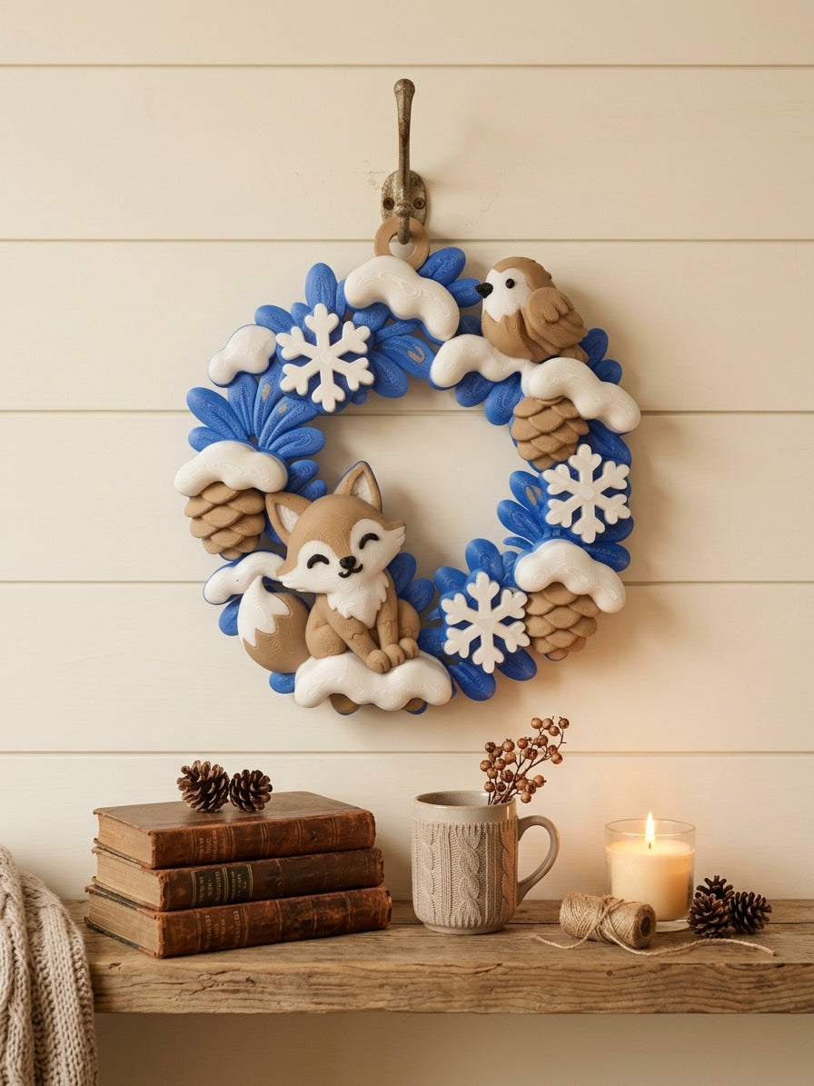 3D Printed Winter Wreath | Fox & Bird Woodland Decor | 4m3d Design Art