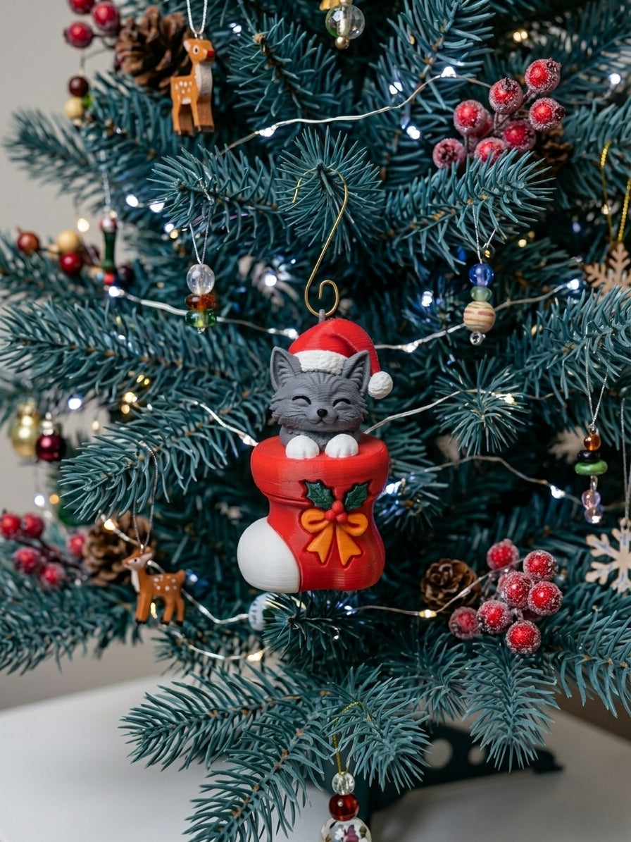 3D Printed Long-Haired Kitten in a Stocking Christmas Ornament | Digitally Painted Holiday Decor | 4m3d Design Art