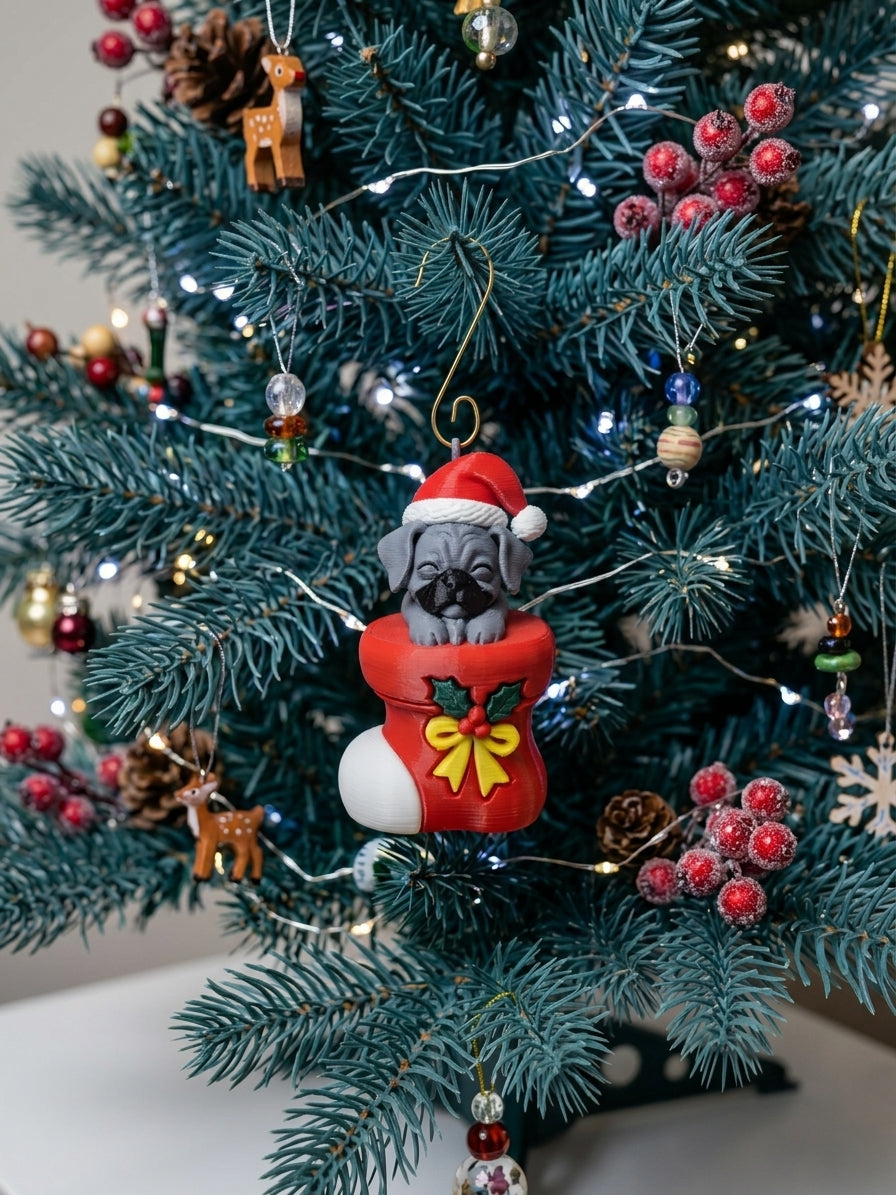 3D Printed Boxer Puppy in a Stocking Christmas Ornament | Digitally Painted Holiday Decor | 4m3d Design Art