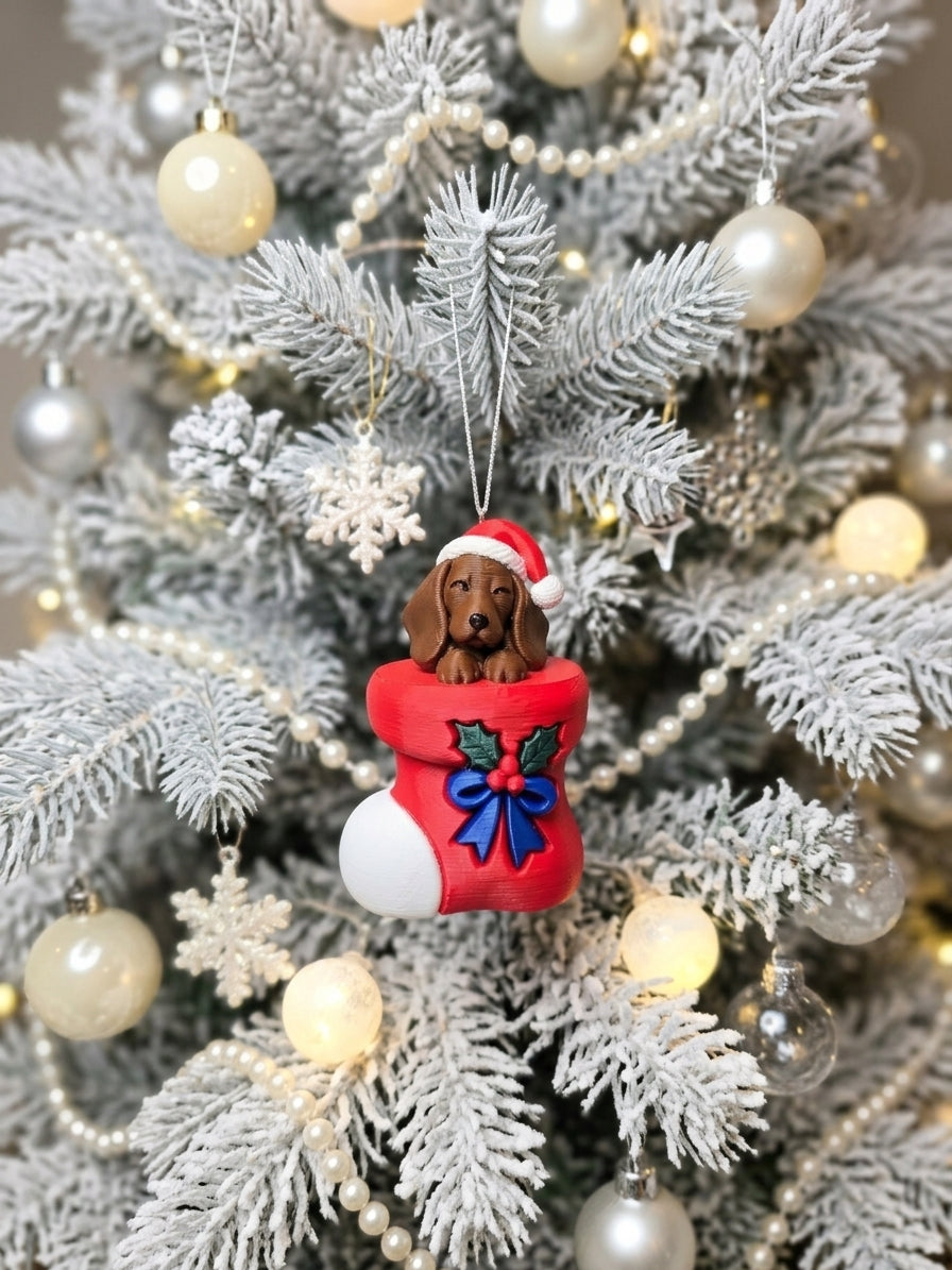 3D Printed Dachshund in a Stocking Christmas Ornament | Digitally Painted Holiday Decor | 4m3d Design Art