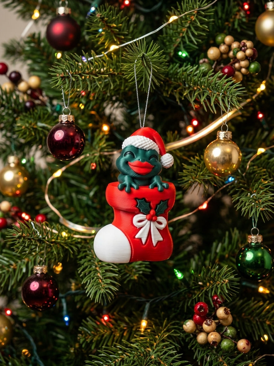 3D Printed Frog Christmas Ornament | Santa Hat Stocking | 2x3.5 Inches | 4m3d Design Art