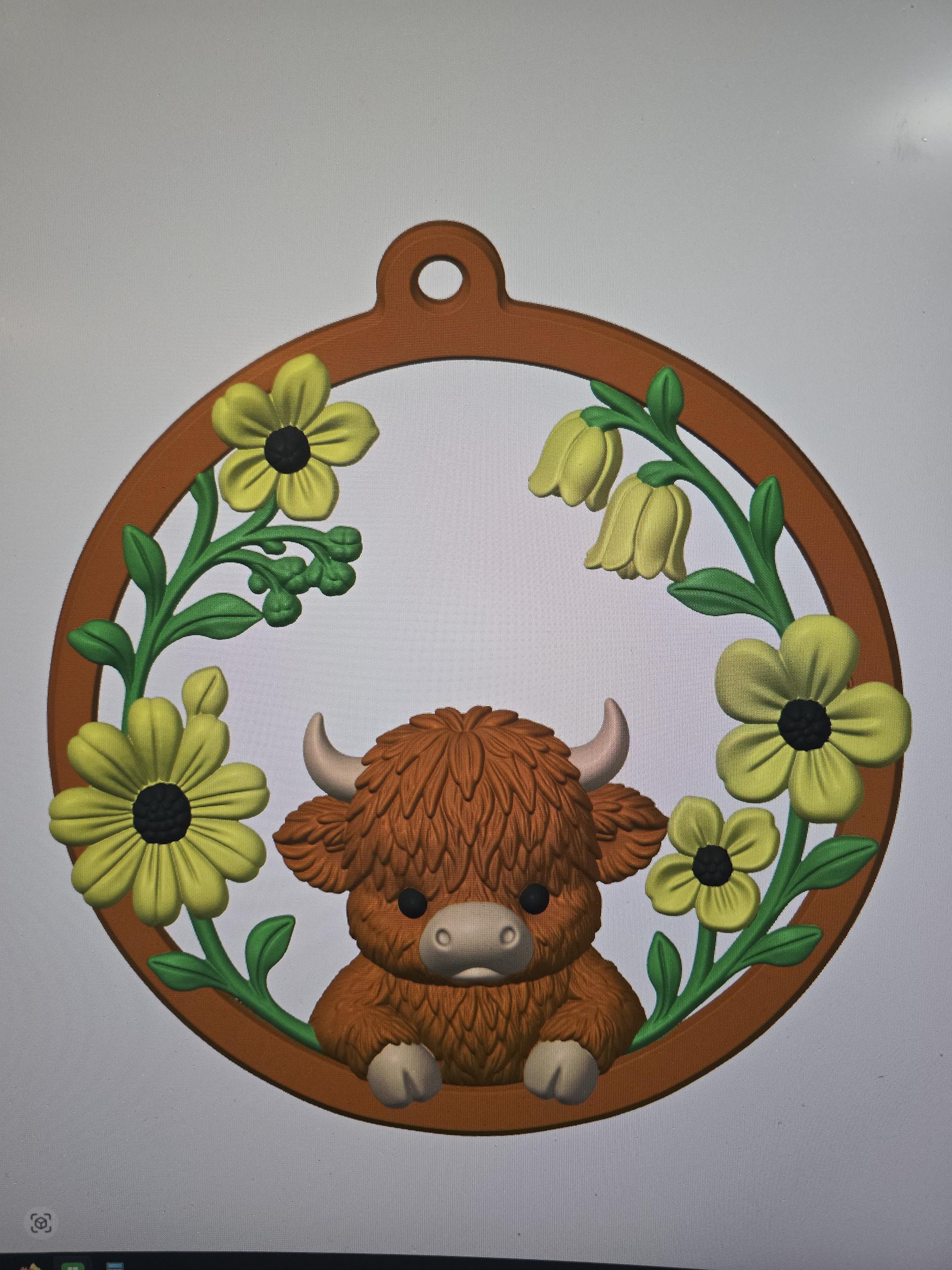 3D Printed Highland Cow Floral Wall Art | Hand-Finished Wall Hanging | 4m3d Design Art