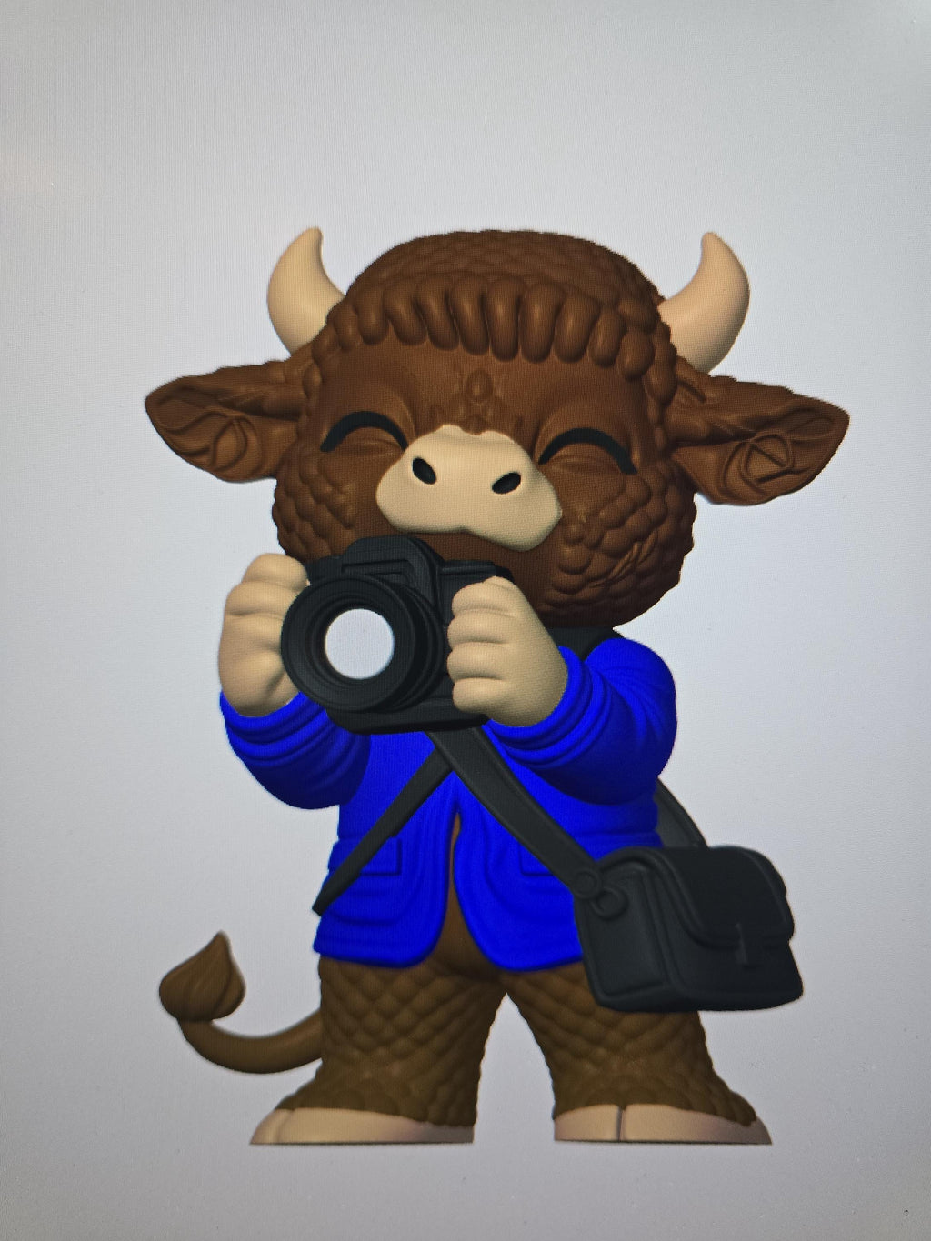 3D Printed Highland cow Photographer Figurine | Camera, Blue Jacket & Messenger Bag | 4m3d Design Art