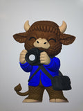 3D Printed Highland cow Photographer Figurine | Camera, Blue Jacket & Messenger Bag | 4m3d Design Art