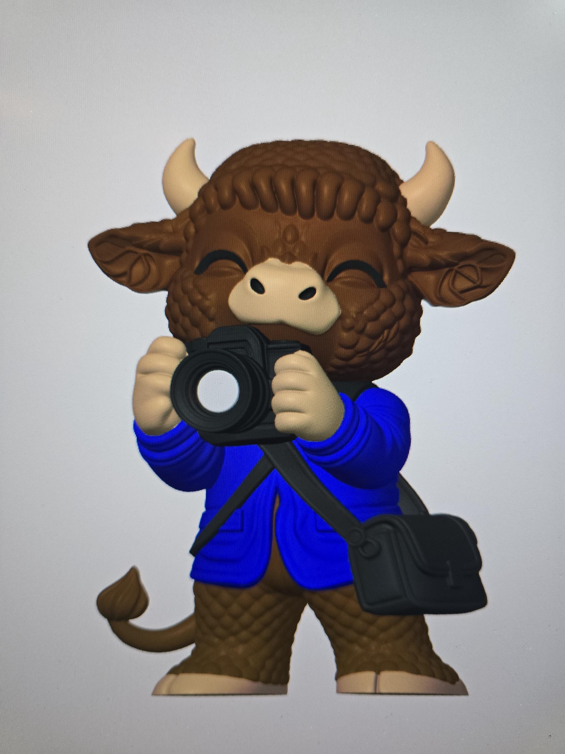 3D Printed Highland cow Photographer Figurine | Camera, Blue Jacket & Messenger Bag | 4m3d Design Art