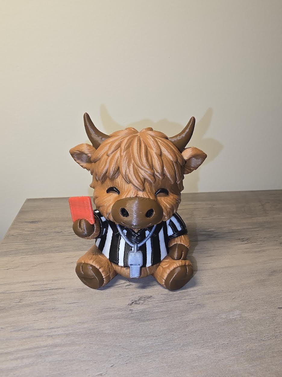 3D Printed Highland Cow Soccer Referee Figurine | Red Card & Whistle | 4m3d Design Art