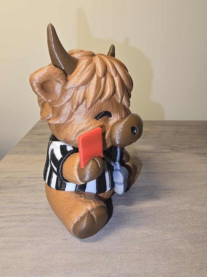 3D Printed Highland Cow Soccer Referee Figurine | Red Card & Whistle | 4m3d Design Art