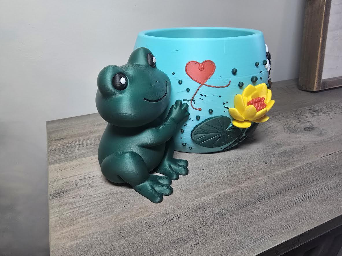 3D Printed Frog Planter with Lotus Flower & Dragonfly | Hand-Finished | 4m3d Design Art
