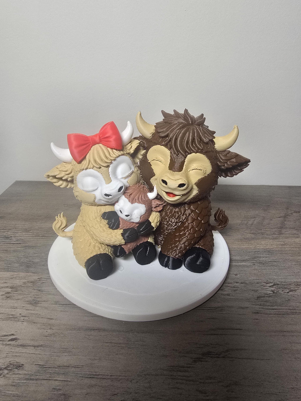 3D Printed Highland Cow Family Figurine | Parents & Child with Red Bow | 4m3d Design Art