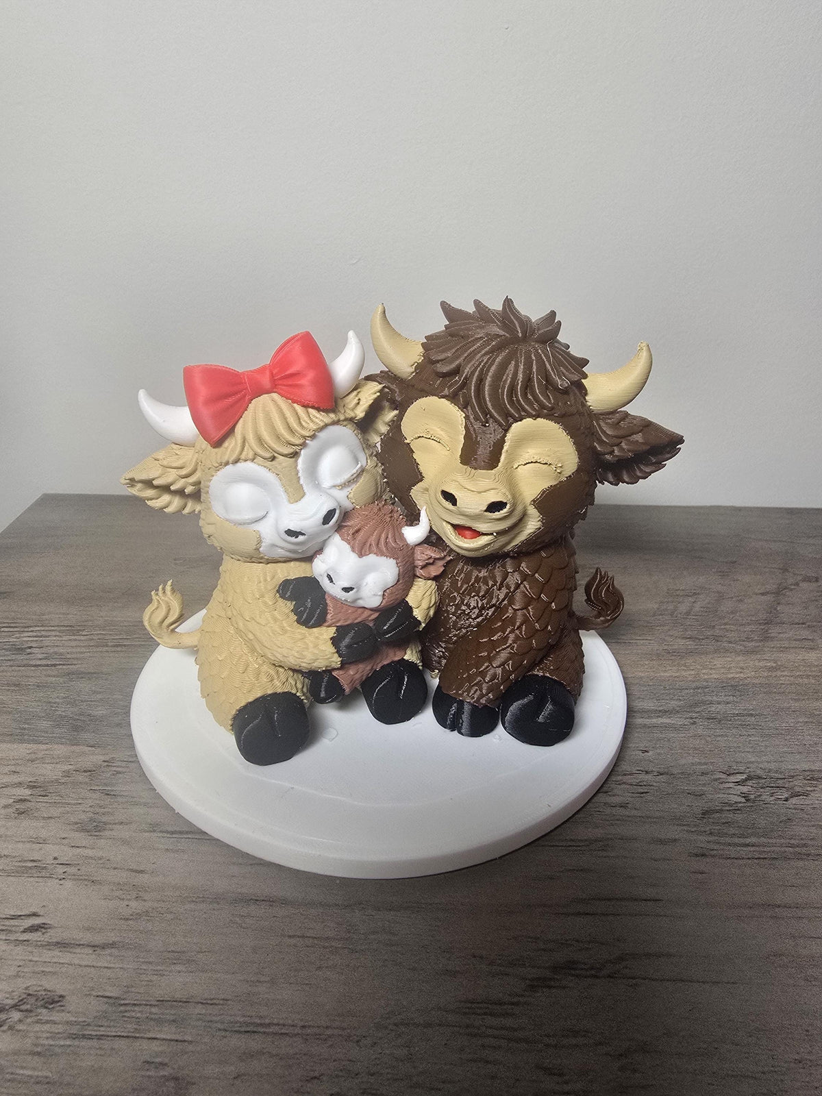 3D Printed Highland Cow Family Figurine | Parents & Child with Red Bow | 4m3d Design Art