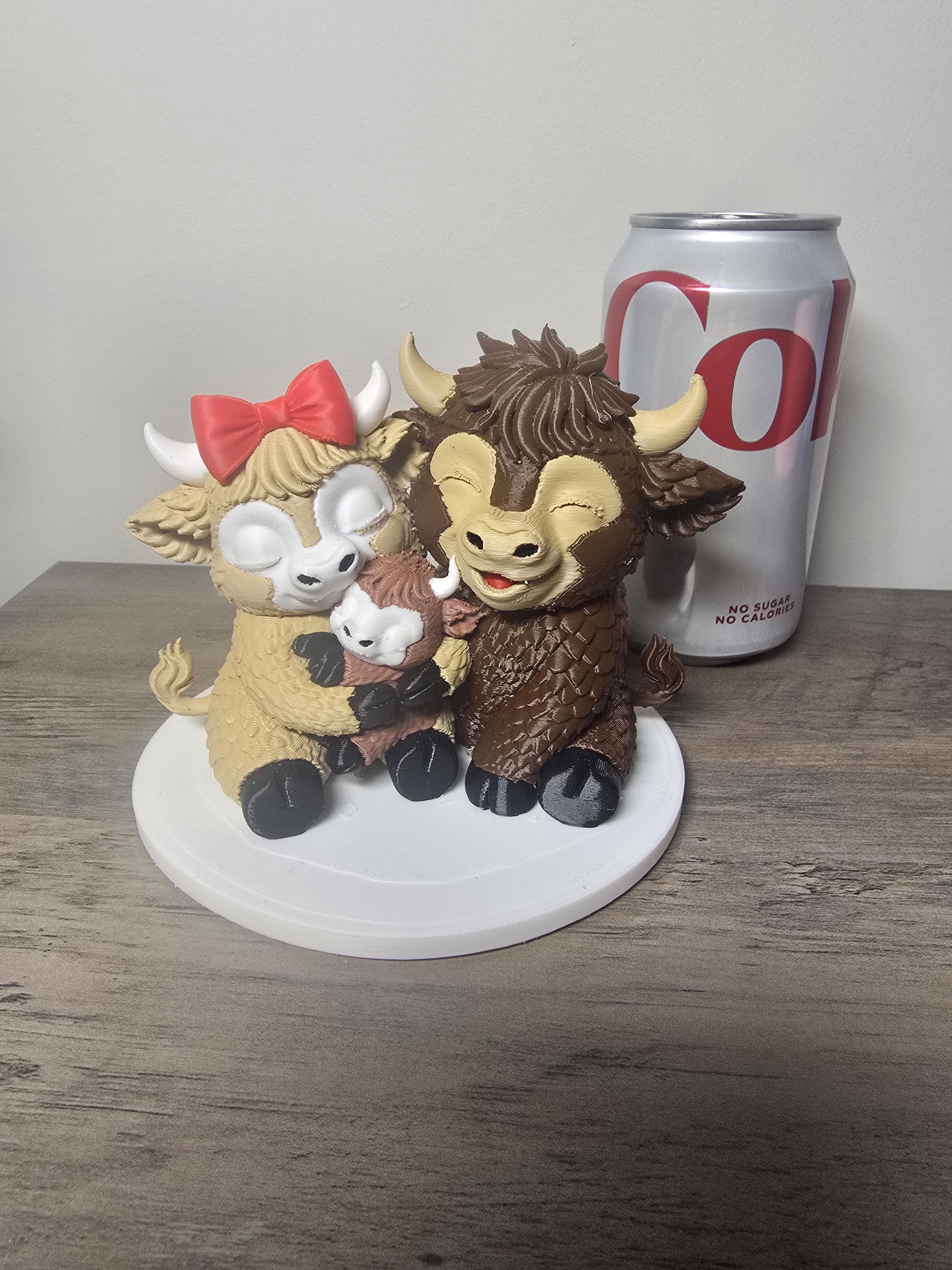 3D Printed Highland Cow Family Figurine | Parents & Child with Red Bow | 4m3d Design Art