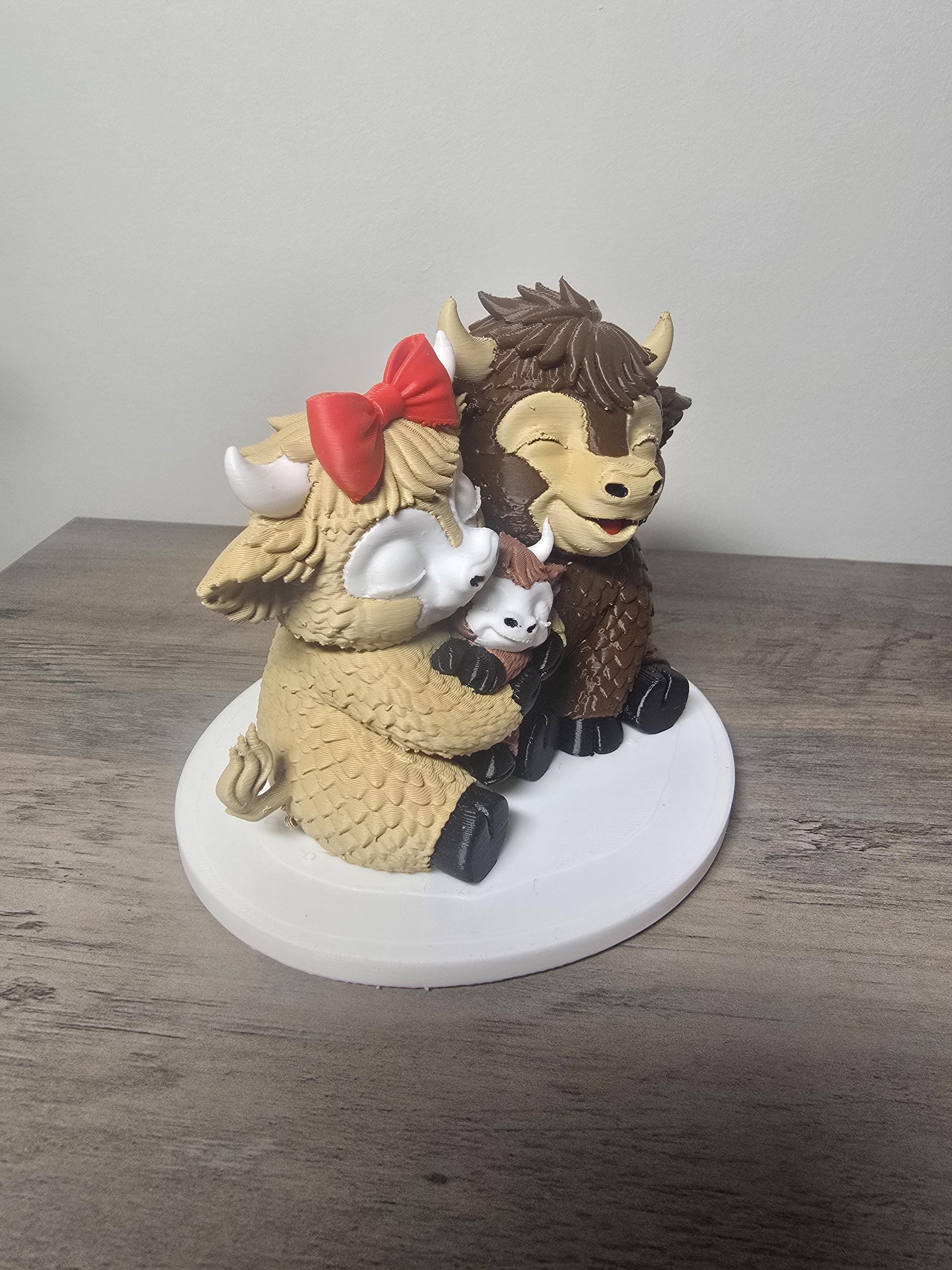 3D Printed Highland Cow Family Figurine | Parents & Child with Red Bow | 4m3d Design Art