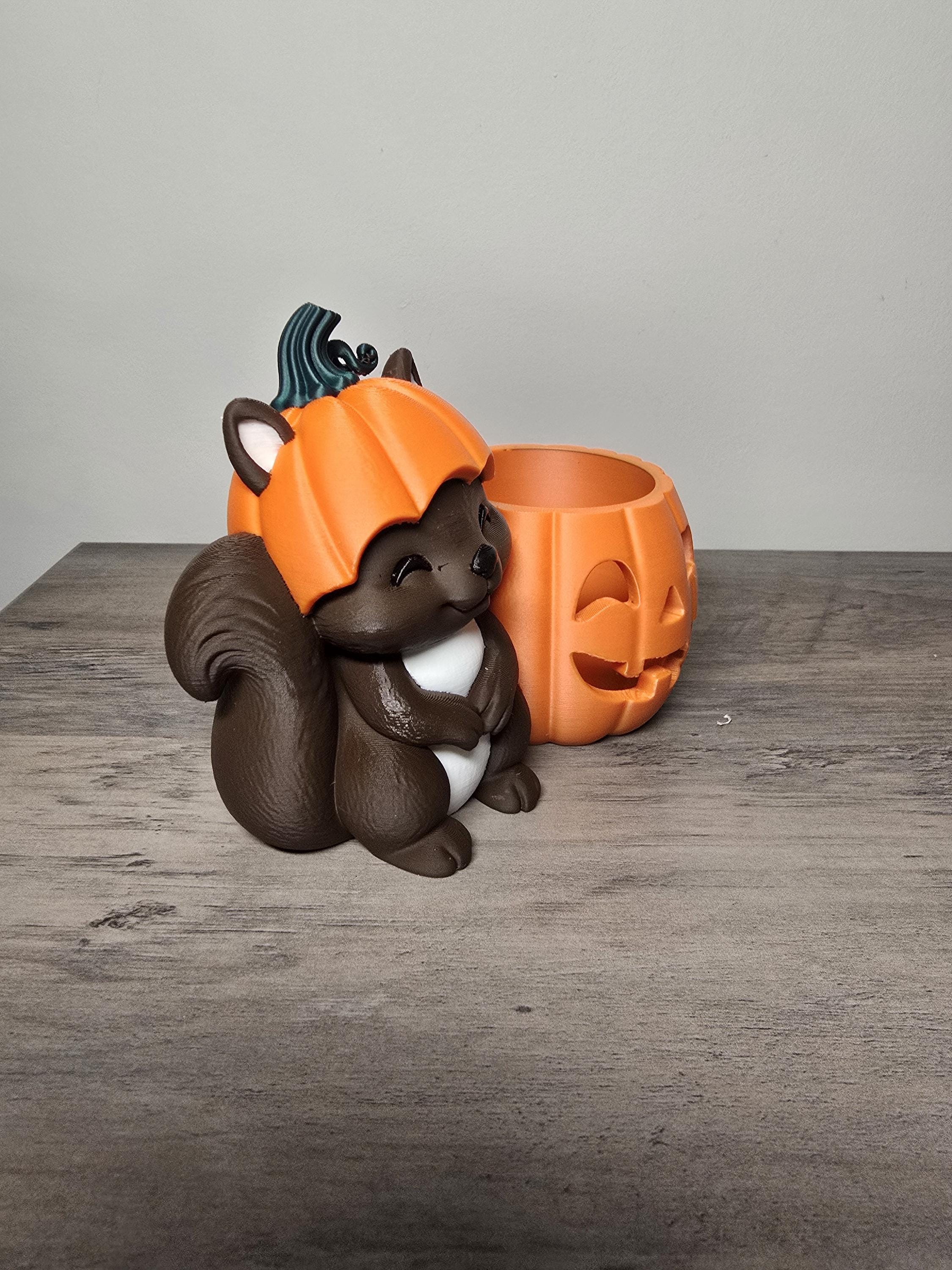 3D Printed Halloween Squirrel Tealight Candle Holder | Pumpkin Hat | 6x4x5 In | 4m3d Design Art