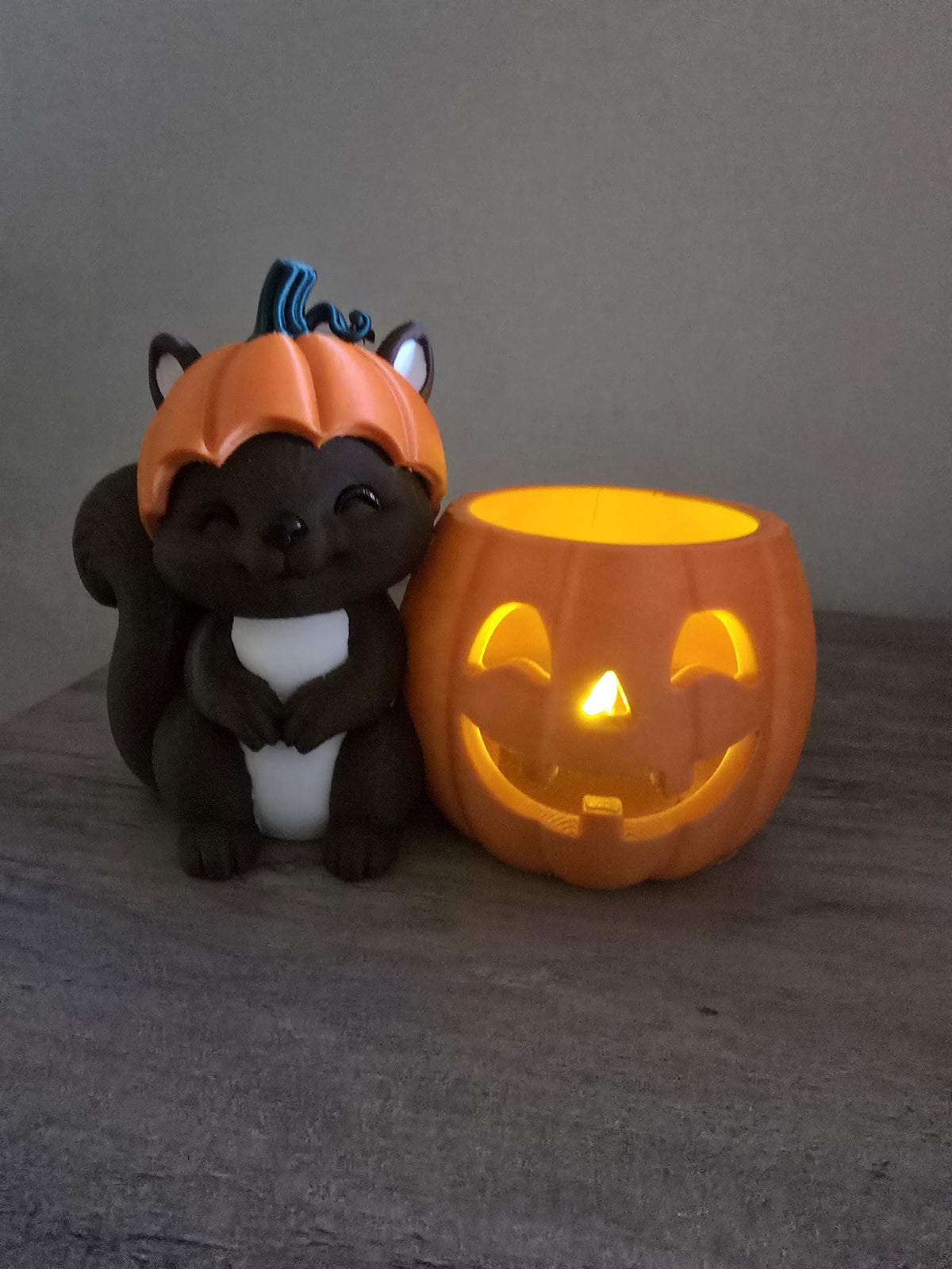3D Printed Halloween Squirrel Tealight Candle Holder | Pumpkin Hat | 6x4x5 In | 4m3d Design Art