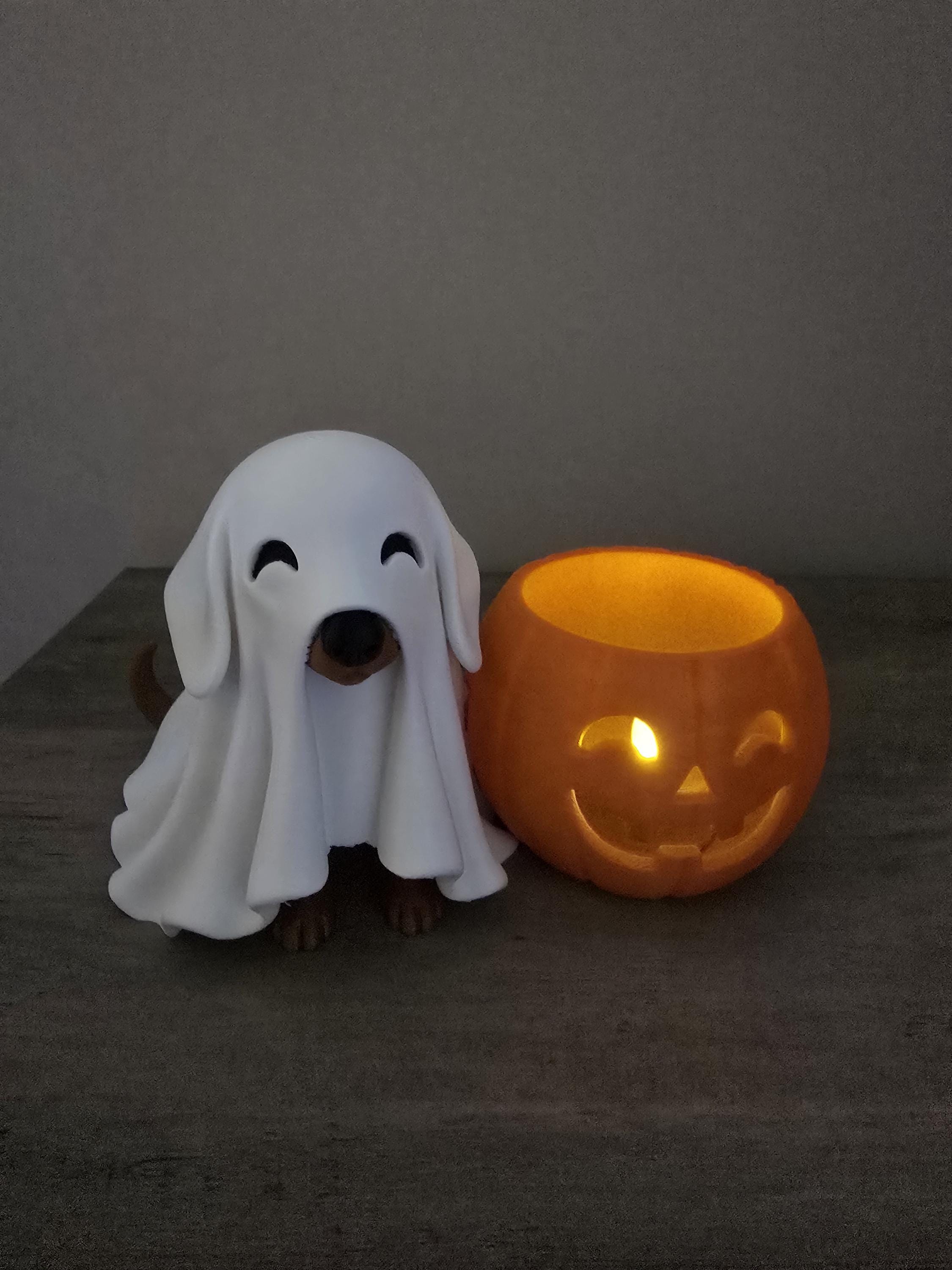 3D Printed Halloween Ghost Puppy Tealight Candle Holder | Pumpkin Design | 4m3d Design Art